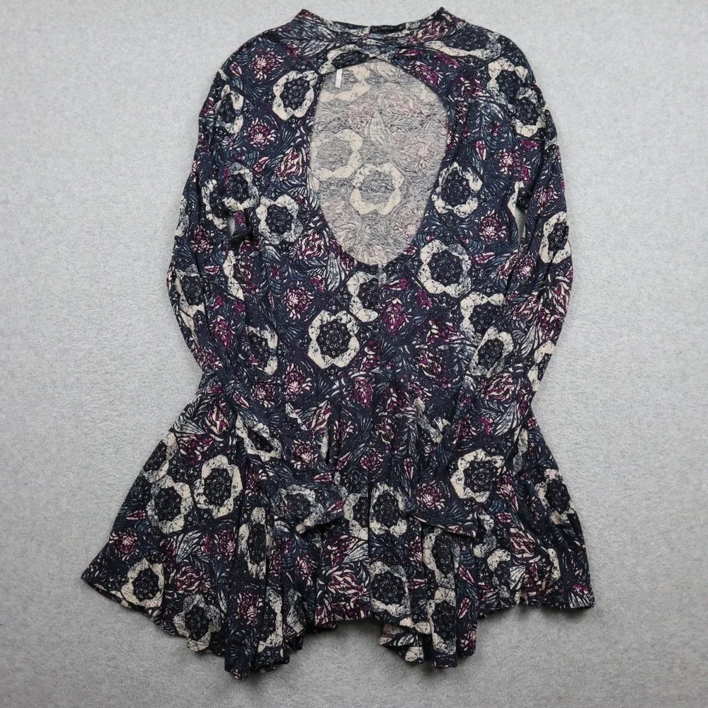 Free People Top Womens M Peplum Open Back Floral Print Long Sleeve Rayon Linen
